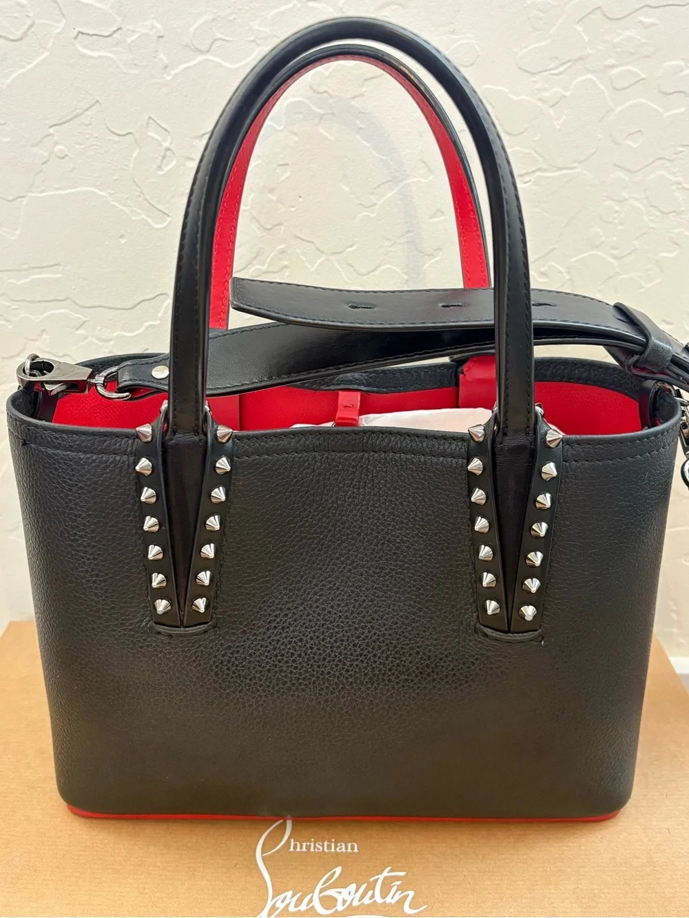 Christian Louboutin Cabata Mini Tote Bag in Black Grained Calfskin/Red Interior